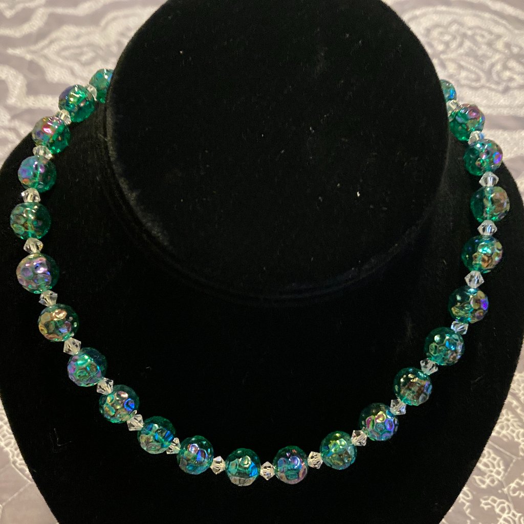 Iridescent Blue Green And Crystal Bead Vintage Necklace
